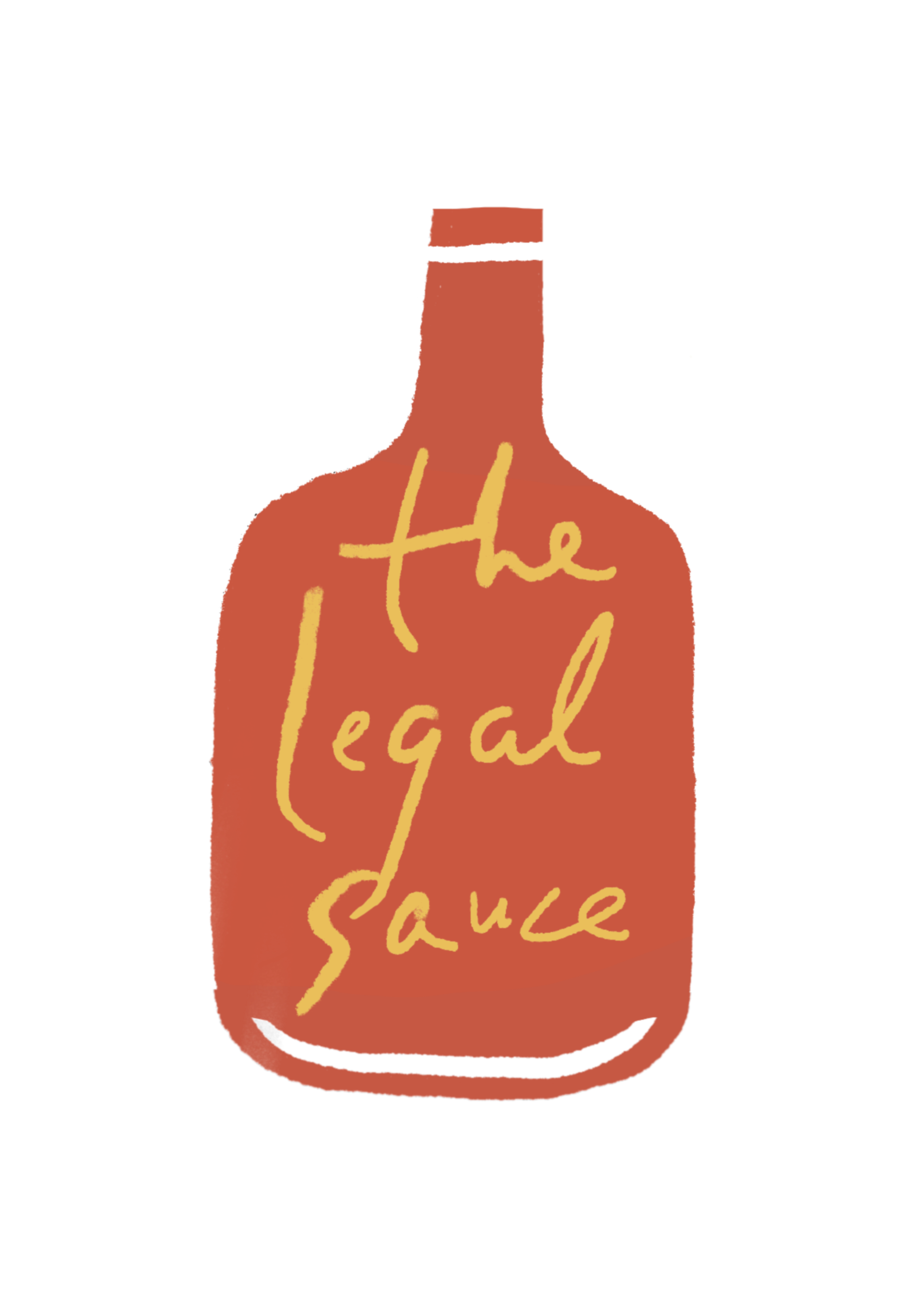 Illustrated terracotta bottle mascot with 'The Legal Sauce' hand-lettered on it